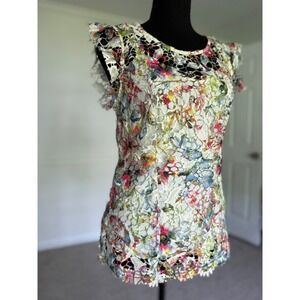 Vintage America Floral Lace Top Lined Blouse Multicolor boho chic size‎ M